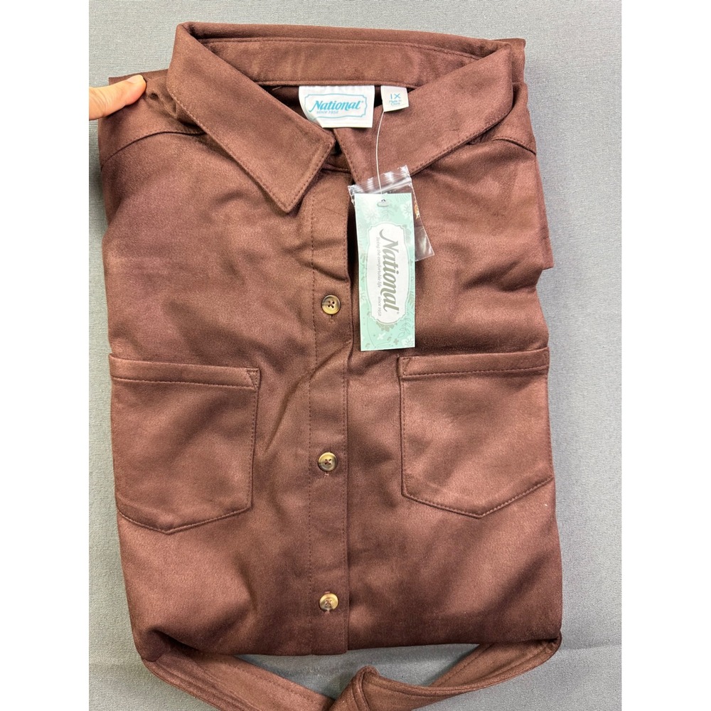 National Faux Suede Shirt Dress Brown 1X Plus NWT 24402 Belted 3/4 Sleeve